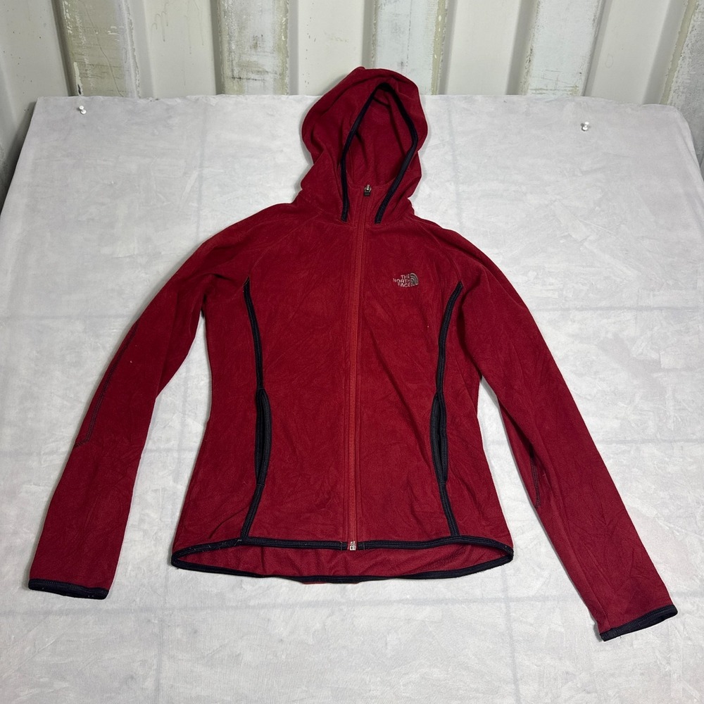 The North Face Womens Fleece Jacket Red Full-Zip Hooded Long Sleeve Logo Size XS
